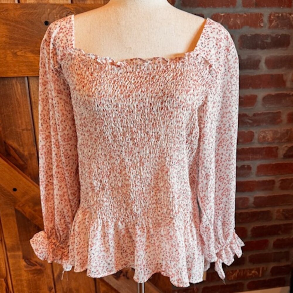 Women’s 3XL Smocked Floral Peplum Blouse – Long Sleeve, Romantic Cottagecore